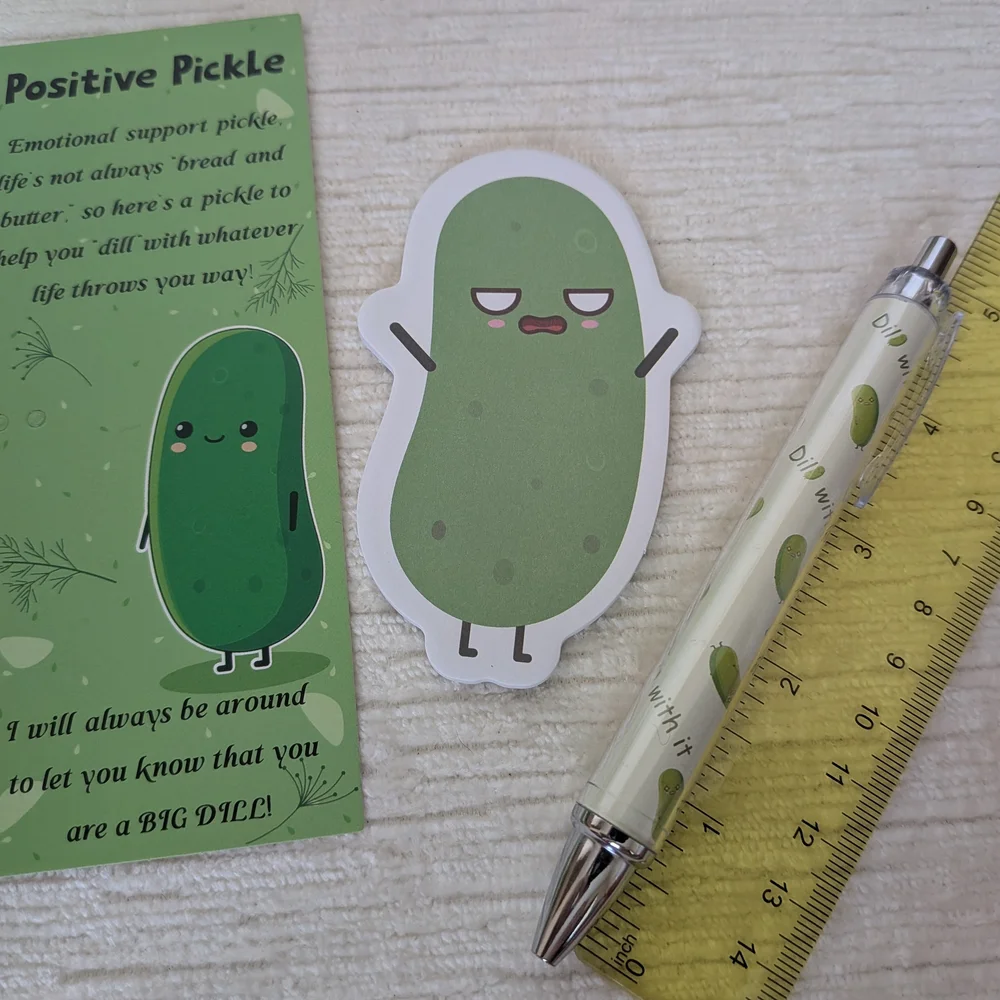 Pickle-Themed Pen Sets Qty 6, Bookmark, Pen, And  Stick Note Pad. 6 Designs